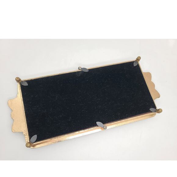 Vintage Gold Plate Metal Rectangular Bow & Pearl 12” Vanity Tray Mirror Jewelry - Picture 10 of 10